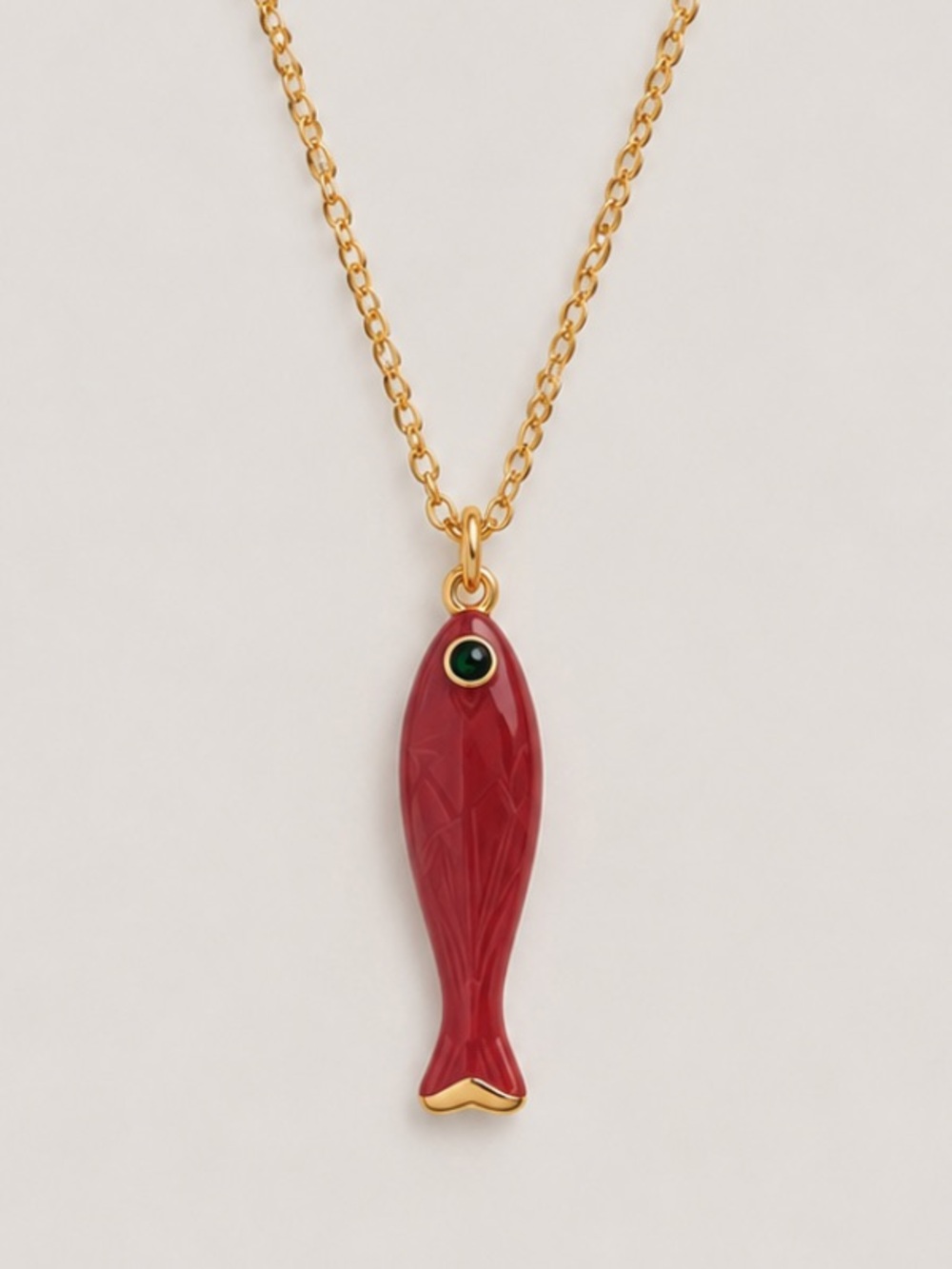 New! Red Sardine Fish Pendant Gold Chain Necklace NWOT